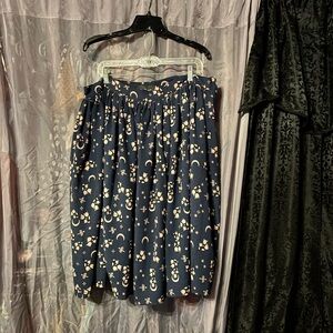 Collectif Navy Blue W/ Pink Moon Floral Print Gathered Aline Pinup Skirt US 16